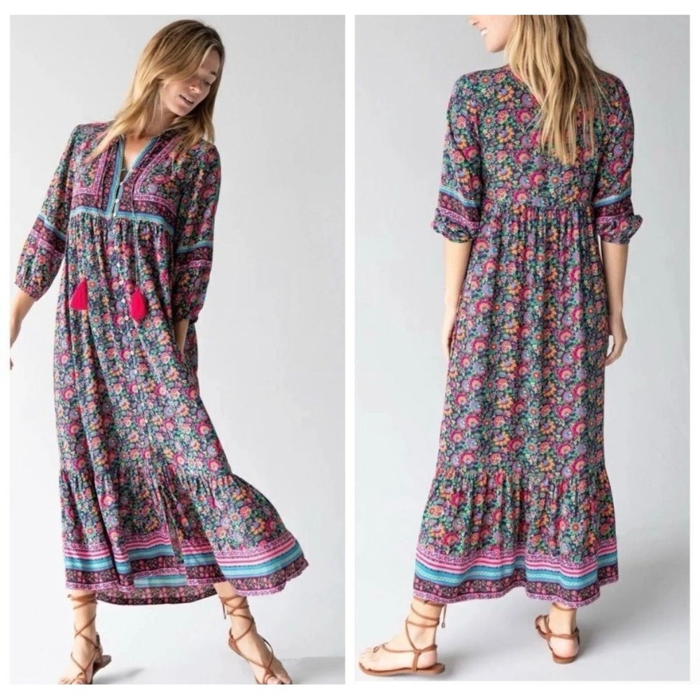 Natural Life Phoebe Floral Maxi Dress Button Front Tassels Multicolor Large